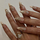 24pcs Glitter Diamond Pearl Press on Nails Gold French Acrylic Nail Silver Nails Gold Sun Nail Almond Nail