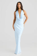 Satin Halter Backless Maxi Dress Women Gown Elegant Lace-up High Waist Evening Club Long Dress