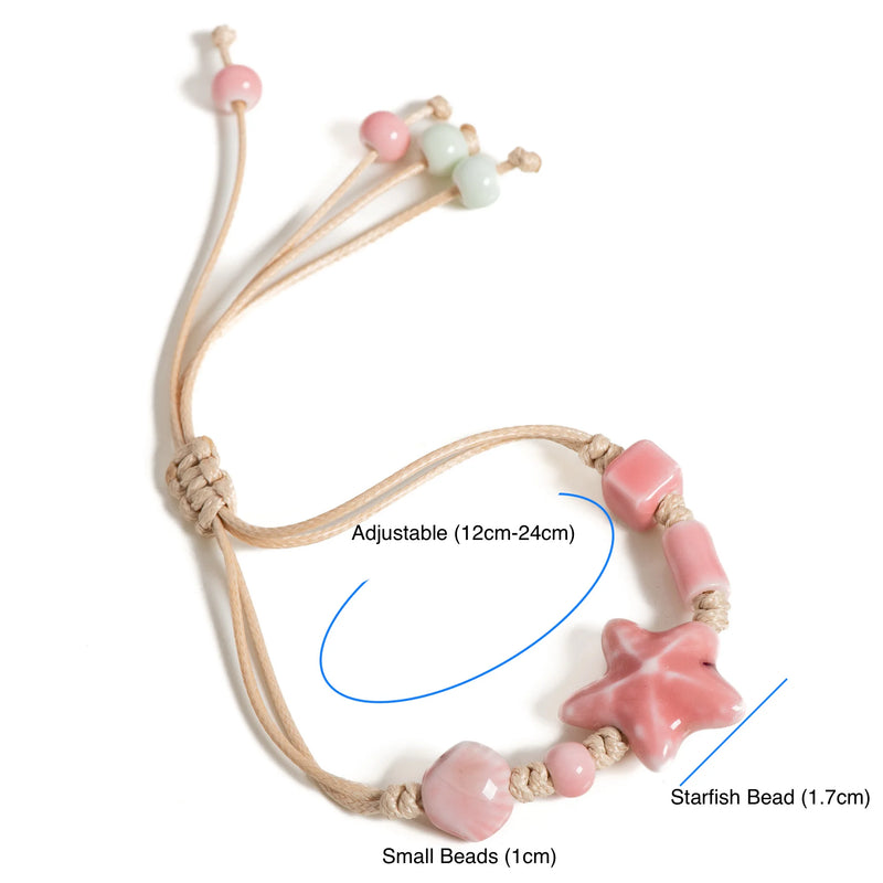 Handmade Pink Starfish Ceramic Bracelet Boho Adjustable Beach Jewelry gifts