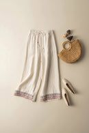Embroidery Solid Casual Cotton Linen Women's Pants Wide Leg Full-Length Pants For Women