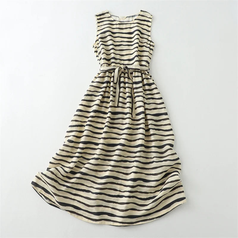 Summer Zebra Striped Dress Thin Women Sleeveless Dresses French Beach Midi