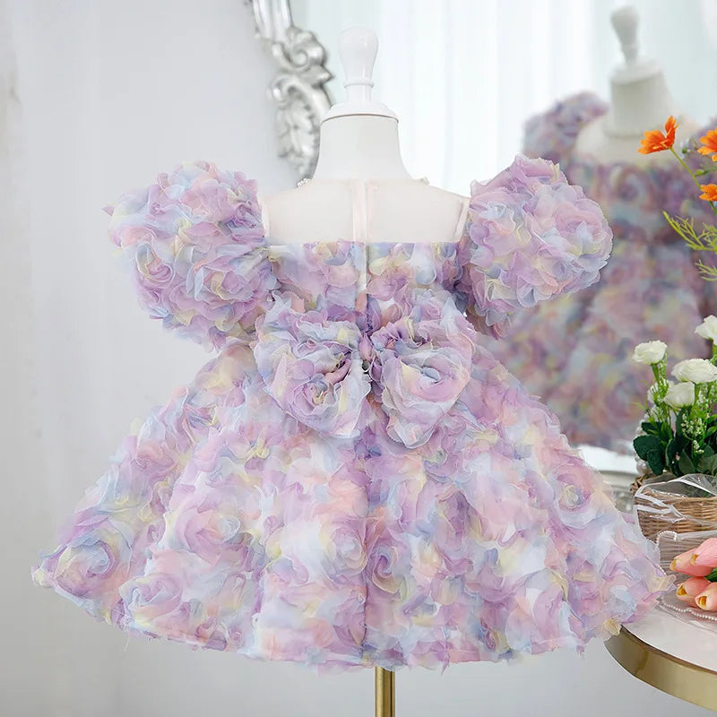 Children's Summer Dress Birthday Party Rose Bubble Sleeve Girls Princess Dress Puffy Dress