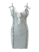 Summer Strap Mini Dress Woman Sexy Slim Streetwear Lace Bow Tie Fungus Decorative Short Knitted Dress Female