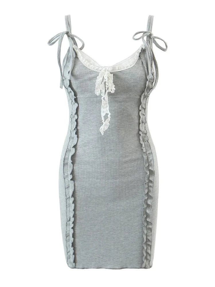 Summer Strap Mini Dress Woman Sexy Slim Streetwear Lace Bow Tie Fungus Decorative Short Knitted Dress Female