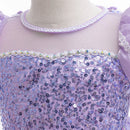 Close-up of a purple sequined dress on a mannequin with a white background, Obroi