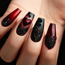 Nails with black and red decorative designs on a light skin background, Obroi