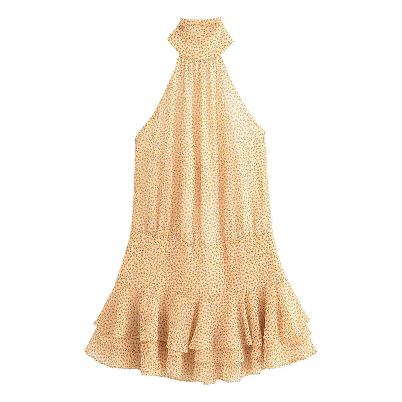 Female Summer Halter Collar Mini Dress Sleeveless A-line Slim Ruffle Laminated Decorative Chic Dresses