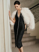 Evening Glamour Black Halter Crystal-Embellished Fringe Backless Midi Dress Gown