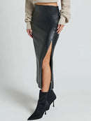Leather Skirt With Slit For Women Slim High Waist Office Skirts Women