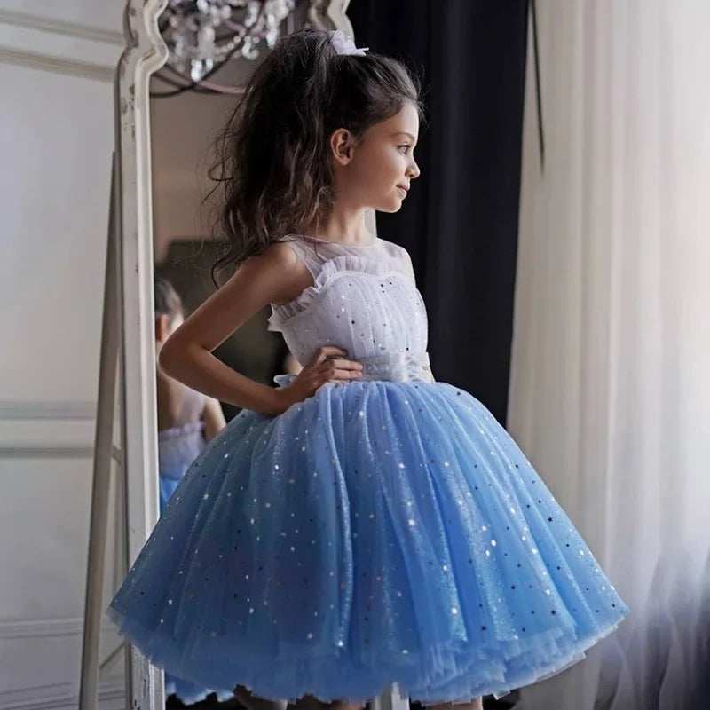 Fairy Girls Dress Summer Sequin Stars Mesh Fashion Little Princess Dress Kids Clothes