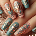 Nails with intricate floral and heart designs in pink, blue, and gold on a lace background, Obroi