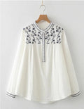 Ethnic style embroidered stand collar double-layer cotton yarn long-sleeved shirt