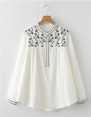 Ethnic style embroidered stand collar double-layer cotton yarn long-sleeved shirt