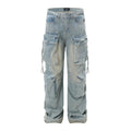 Men's Denim Pants Pleated Large Pocket Straight Jeans Loose Wide Leg Male Trousers