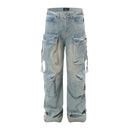 Men's Denim Pants Pleated Large Pocket Straight Jeans Loose Wide Leg Male Trousers