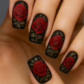 Nails with red rose design on black background, Obroi