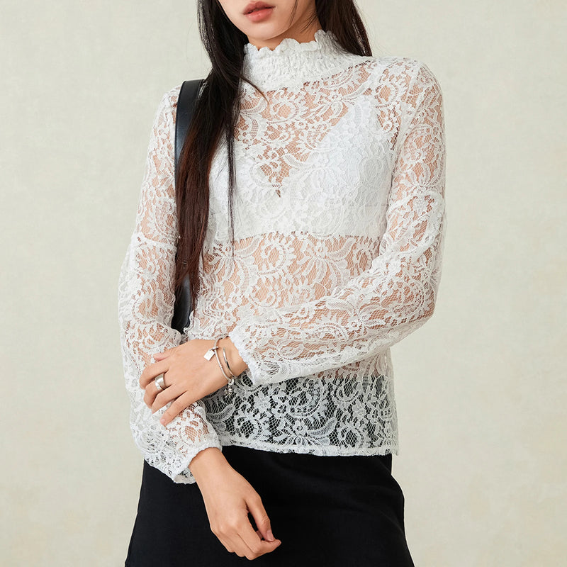 Women Sheer Long Sleeve Top High Neck See Through Floral Lace T Shirt Blouse Going out Top Streetwear