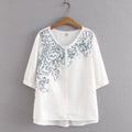 Women Summer Washed Cotton Cross Embroidery V-Neck Tees Middle Aged Tops Oversized Curve Clothes