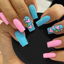 Medium nails for women girls pink blue yellow beige cute heart Square nail tips for Valentine's Day press on false nail