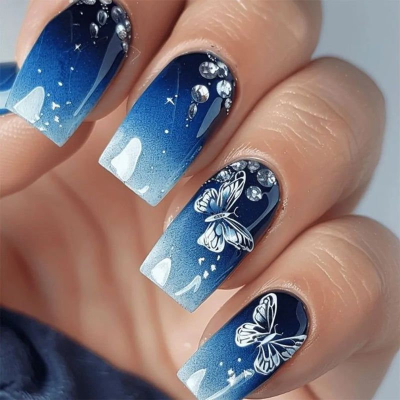24pcs Blue Gradient French False Nails With Butterfly Designs Press On Nails Ballet Diamond Fake Nails Fashion Long Square Nails