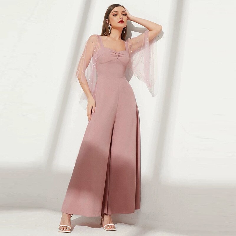 Dress Pink Tulle Flare Sleeve Waist Women Mesh V-Neck Evening Dress New Women Sweet Evening Dress Bridesmaid Dress