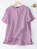 Solid Shirt Female Button Down Loose Tops Summer Short Sleeve Blouse Woman Stylish Pure Cotton O-Neck Shirt