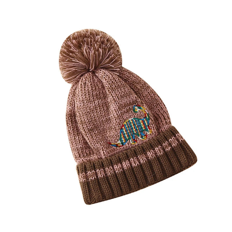 Autumn Kid Boys Knit Beanie Soft Lightweight Embroidery Cartoon Winter Cap Ball