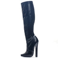 Black knee-high boot with high heel on a white background, featuring the brand 'Obroi'.