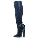 Black knee-high boot with high heel on a white background, featuring the brand 'Obroi'.