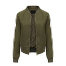 Green bomber jacket with white stripes on sleeves against a white background, Obroi