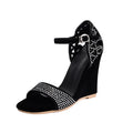 Refined Ladies High Heel Sandals Wedge Heel Rhinestone Band Open Toe Covered Heel