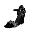 Refined Ladies High Heel Sandals Wedge Heel Rhinestone Band Open Toe Covered Heel