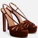 Brown high-heeled platform sandals on a white background, Obroi