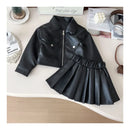 Girls Autumn Clothing Leather Jacket Suit Children Motorcycle Set Short Coat Pleated Skirt