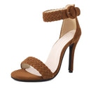 Women Sandals Peep Toe Thin Heels 11cm Buckle Strap Flock Female Shoes