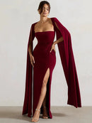 Long Cape Sleeve Split Maxi Dress For Women Gown Square Collar Evening Long Dress Elegant