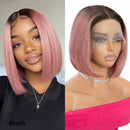 Comparison of a woman with pink bob wig and a mannequin head wearing the same wig, Obroi