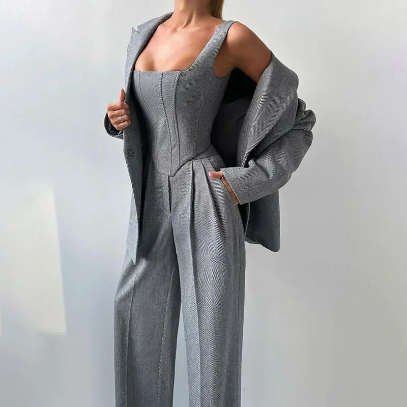 Top Blazer Pants Sets 3 Pieces For Women Solid Jacket Crop Tops High Waist Pocket Pant Lady Office Set