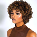 Curly Human Hair Pixie Cut Wig Short Bob with Bangs Natural Black Women Rose Curly