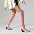 Thigh Boots Women Toe Heels 7cm Embroider Leisure Female