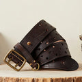 Pure 3.8cm Wide Genuine Leather Belt for Men Double Pin Buckle Male Jeans Belts