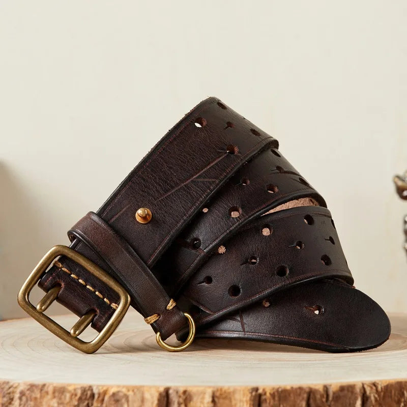 Pure 3.8cm Wide Genuine Leather Belt for Men Double Pin Buckle Male Jeans Belts
