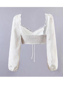 Woman Sweet Cute Jacquard Lace-up Tube Top Short Blouse Summer Long Sleeve Backless Crop Top Shirt