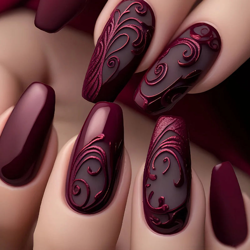 24PCS Gothic False Nails Dark Red Vine Pattern Medium Coffin Press on Nail Sticker Sweet Cool Glossy French Fake Nail Spice Girl