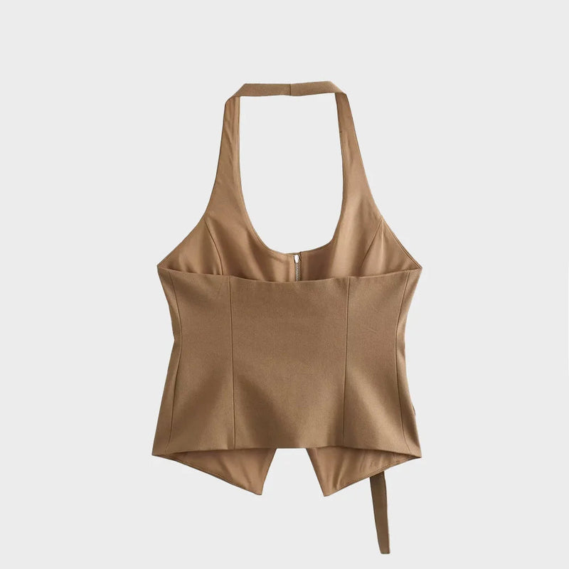 Personalized Design Women's Sleeveless Versatile Vest Halter Neck Backless Zipper Short Top