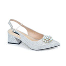 Silver studded high heel shoe with embellishment on a white background, Obroi