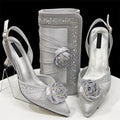 Elegant Rhinestone-Embellished Brown Heeled Shoes and Handbag Set for Women with Floral Decoration