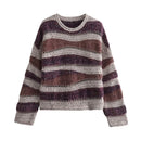 Vintage Women Long Sleeved Round Neck Patchwork Knit Sweater