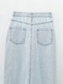 Women Light Blue Front Slit Denim Skirt Vintage High Waist Unfinished Hem Female Midi Skirts