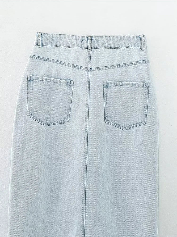 Women Light Blue Front Slit Denim Skirt Vintage High Waist Unfinished Hem Female Midi Skirts
